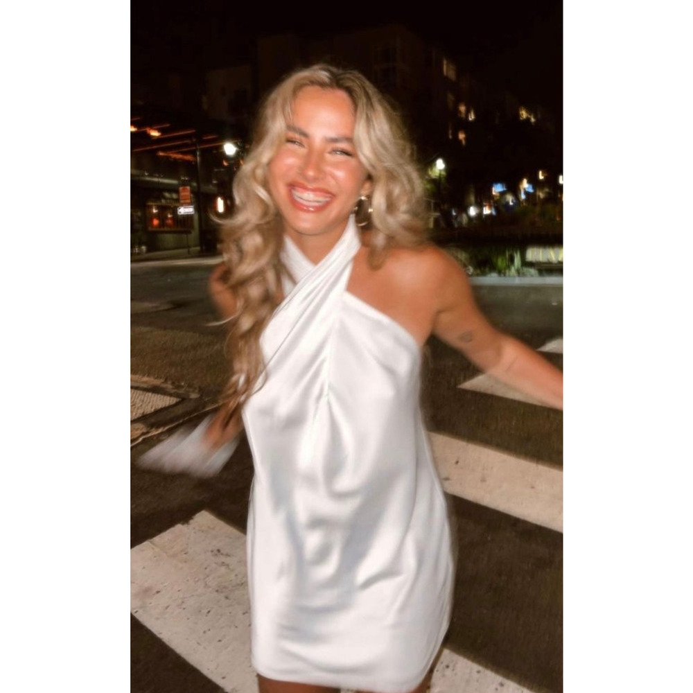 Show Me Your Mumu Jasmine Halter Mini Dress Ivory Luxe Satin L